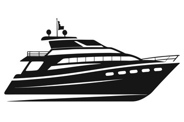 Black silhouette shows a large luxury yacht on a white background with flag