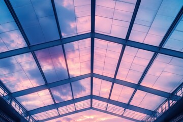 Elevated perspective of a building's skylight roof at sunset.