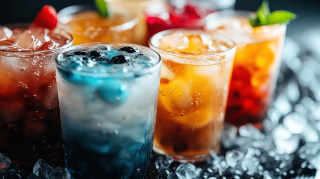 A vibrant collection of refreshing drinks filled with ice and garnished with fruits, showcasing a range of colorful and tantalizing options for any occasion.