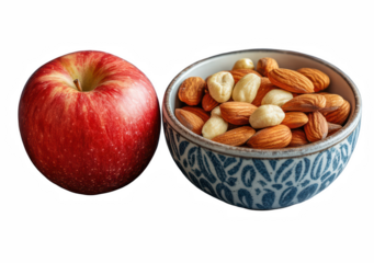 Red apple and bowl of almonds cashews healthy snack food nuts diet life on transparent background