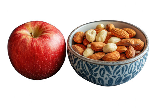 Red apple and bowl of almonds cashews healthy snack food nuts diet life on transparent background