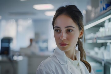 A thoughtful woman pharmacist in a bright pharmacy is explaining medication.