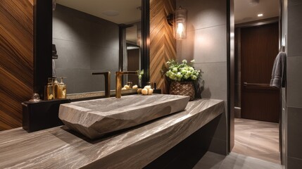 Luxury spa-inspired powder room with marble block sink  