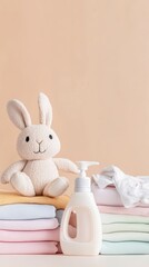 The bunny is sitting on the table next to the bottle of washing gel. There are also some children's clothing on the table. Wash children's clothes, washing the detergent for children's clothing.