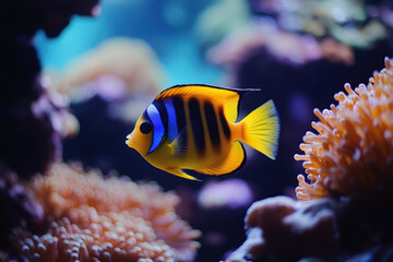 Yellow and blue fish swimming gracefully in an aquarium, surrounded by colorful coral and green plants.
