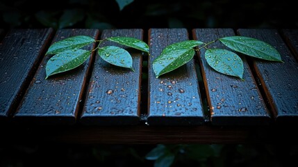 Wet leaves adorn a wooden bench