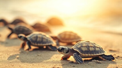 Baby turtles march to ocean at sunrise; beach background; nature conservation