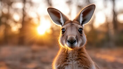 Fototapeta premium A curious kangaroo gazes into the camera as golden hour light captures its features, representing the untamed beauty of wildlife in its natural habitat.