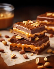 Vegane Riegel mit Erdnussbutter, Karamell und dunkler Schokolade