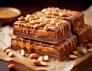 Vegane Riegel mit Erdnussbutter, Karamell und dunkler Schokolade