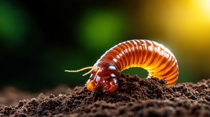 An intricate close-up reveals a brown caterpillar resting on the soil, showcasing its vivid texture and organic shape, representing transformation and growth in nature.
