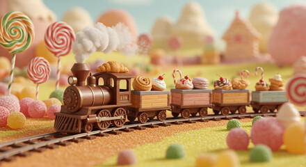 Sweet train ride through candy land: a whimsical journey of desserts and sugary delights