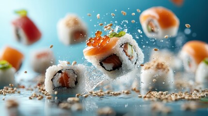 A stunning array of sushi pieces splashing artistically, showcasing colors and textures, perfect for culinary lovers seeking visual and gastronomic delight.