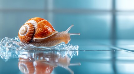 A beautiful snail glides slowly across a slick, clear surface, showcasing nature's intricate design and elegance, encouraging contemplation of life's slow, steady pace and patience.