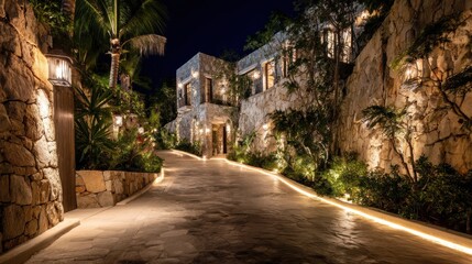 Fototapeta premium Luxury villa with integrated light trails along exterior path 