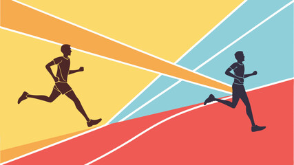Obraz premium Two runners competing in a triathlon against a colorful abstract background 