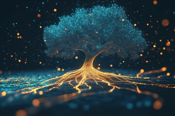Glowing tree atop digital world map