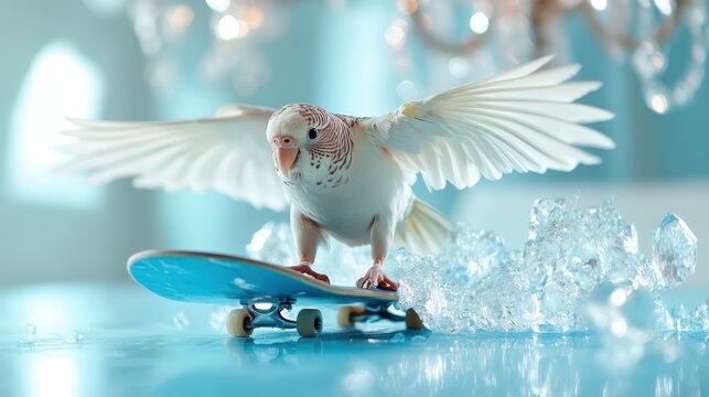 A striking image of a parakeet elegantly skateboarding on a blue surface, capturing the playful spirit of pets and their unique personalities, providing a fun and whimsical perspective.