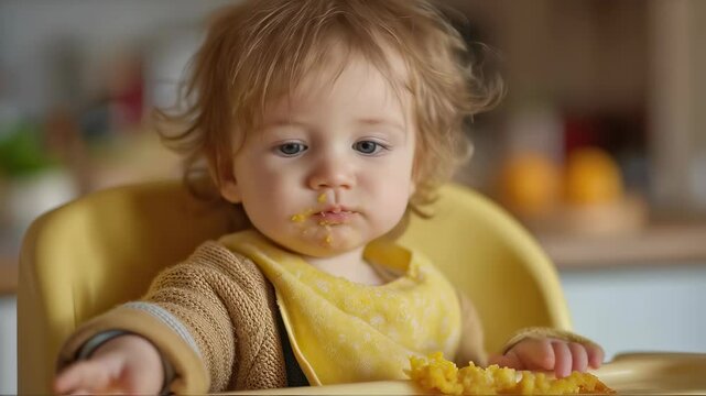 Curly-haired caucasian baby with bright blue eyes eats pasta with hands in yellow high chair, wearing food-stained bib in cheerful kitchen setting