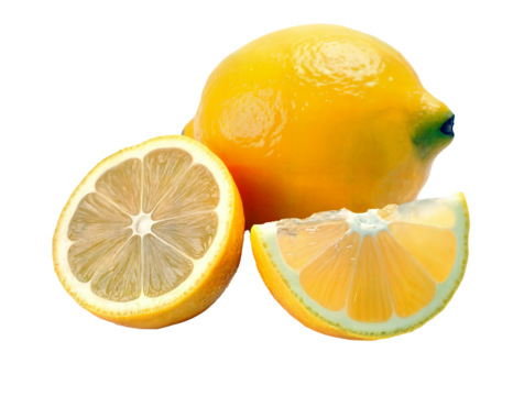 Lemon Still Life. Three lemons - one whole, two halves showing segments and juice. Vibrant yellow citrus still life photography