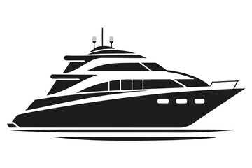 Black silhouette illustrates a modern motor yacht sailing on water, depicted with precision