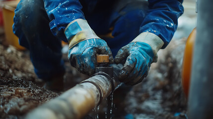 Worker Repairing a Leaking Pipe