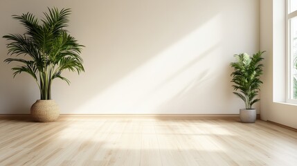 A serene interior space featuring two lush green plants in decorative pots, illuminated by gentle sunlight filtering through large windows, creating a calm and inviting atmosphere.