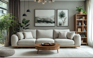 Modern living room with beige sofa, plants, and wooden coffee table