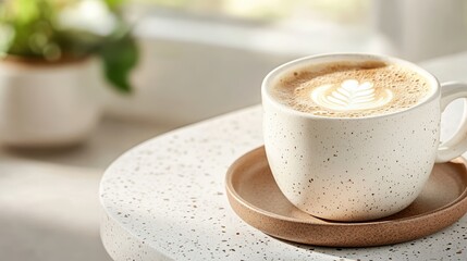 A beautifully crafted cup of coffee with intricate latte art placed on a modern table, emanating warmth and inviting comfort for coffee lovers everywhere.