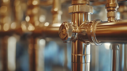 Close-up of Polished Metal Pipes and Valves