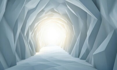 Abstract, polygonal ice tunnel, light at the end.  A pathway through a crystalline, icy tunnel.  Light source at the far end