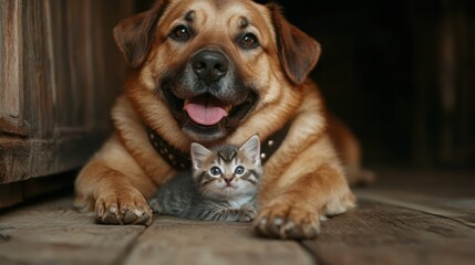 A heartwarming scene featuring a joyful dog lying beside a playful kitten, showcasing their unlikely friendship and the warmth of companionship in a cozy setting.