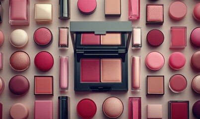 Colorful cosmetic products arranged in a decorative pattern.