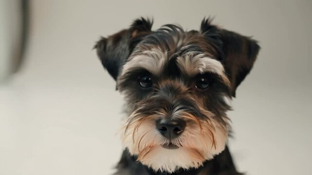 Cute black and white schnauzer puppy looking at camera with friendly expression
