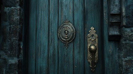 Ornate door detail with metal handle and architectural stone framing the entry