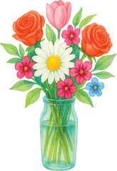 Watercolor Flower Bouquet in Glass Vase (Isolated PNG, Enhanced Vibrant Colors)