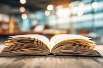 Open book on a wooden table with blurred background and bokeh lights, creating a cozy atmosphere for reading and studying in a library or cafe setting.