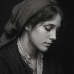 Woman in headscarf looking down in soft black-and-white light.