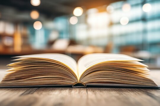 Open book on a wooden table with blurred background and bokeh lights, creating a cozy atmosphere for reading and studying in a library or cafe setting.