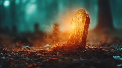 An ancient gravestone rises from a misty forest floor, surrounded by ethereal fog, representing contemplation, memory, and the mysteries of life and death in nature.