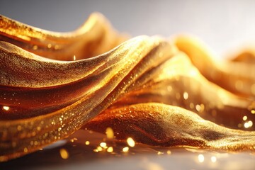 An abstract close-up of flowing golden fabric with a shimmering texture, catching the light and creating a luxurious and elegant effect, soft folds and bokeh.