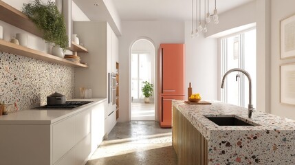 Minimal kitchen with slim storage tower and terrazzo counters  