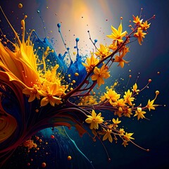 Abstract border frame of flowers painting with spring flowers Forsythia background graphic resource