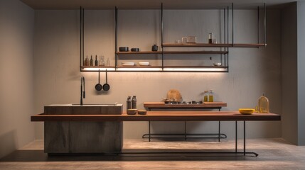 Minimal kitchen with suspended shelf and faucet island  