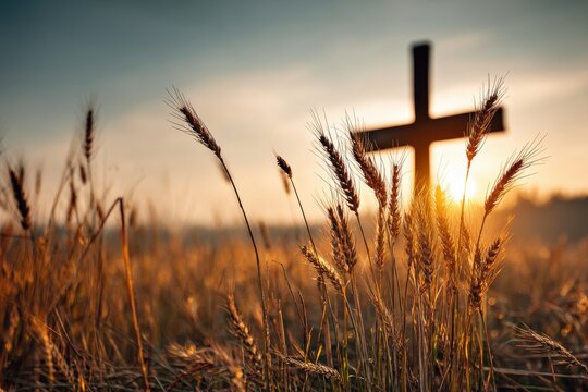 A serene sunrise bathes a field of golden wheat with a cross silhouetted in the distance, symbolizing faith, hope, and spiritual reflection in a peaceful landscape.