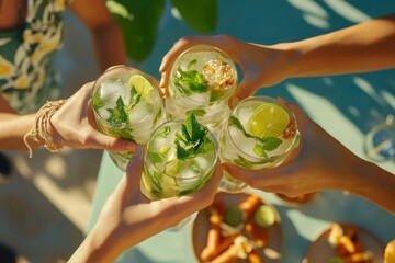 A group of friends toasting with mojito drinks and small appetizer dishes on the table, wearing smart casual attire Generative AI
