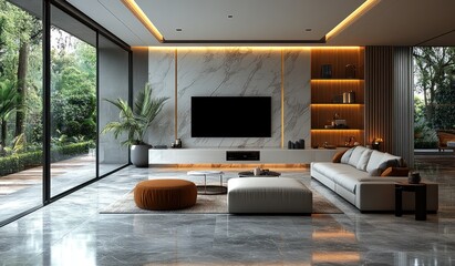 Obraz premium Modern living room with TV, marble wall, and garden view