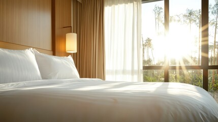 A serene hotel room featuring a plush bed and soft morning sunlight streaming through large windows, evoking feelings of rest, comfort, and tranquility in a chic design.