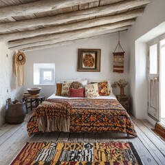 Bedroom featuring a cozy bed with floral sheets, positioned against a wall with a large window streaming in sunlight, highlighting a colorful rug on the floor.