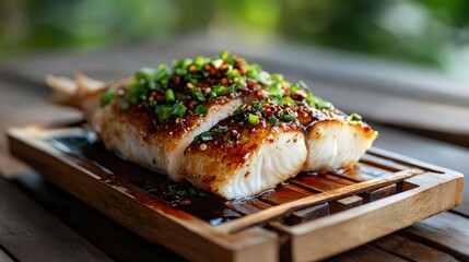 An appetizing fish dish garnished with vibrant herbs and spices, beautifully plated on a wooden tray that highlights the exquisite culinary presentation and delicious flavors.